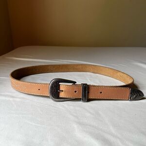Vintage Tan Leather‎ Western Belt Engraved Silver Tone Buckle Casual Boho 30
